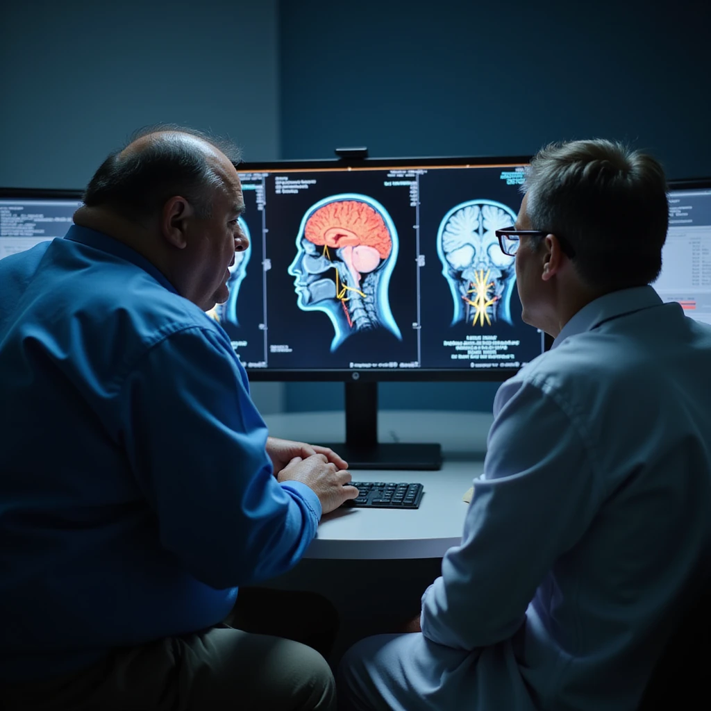 hyper-realistic medical CGI of an obese man and doctor looking at a brain scan on a screen showing inflamed hippocampus in red, shrunken prefrontal cortex, yellow lightning for glucose spikes, black amyloid plaques, constricted blood vessels, 4K clinical emoji