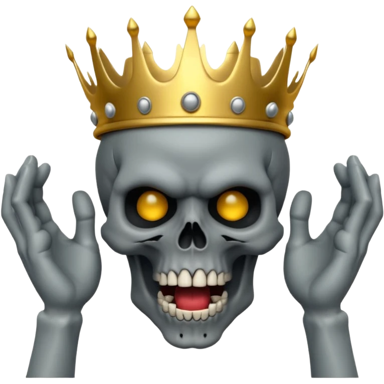 Demonic 3D skull holding its head by its two hand in shock, mouth open, wearing a golden crown, dark horror vibe emoji