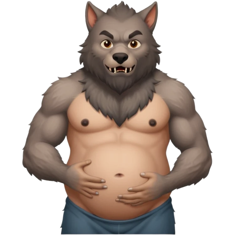 A shirtless pregnant burly male werewolf holding his pregnant belly  emoji
