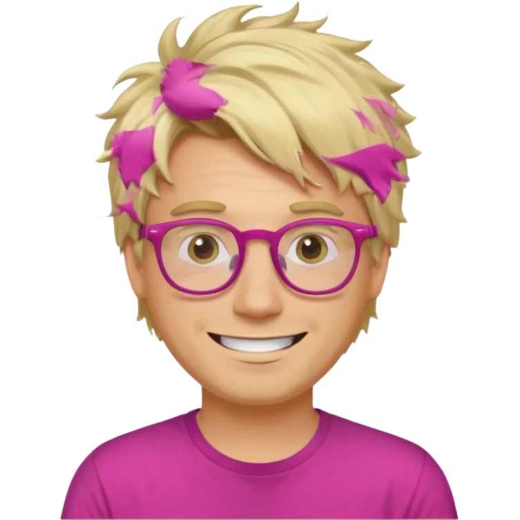 A blond guy with messy hair is smiling. He wear glasses and a fushia T-shirt emoji