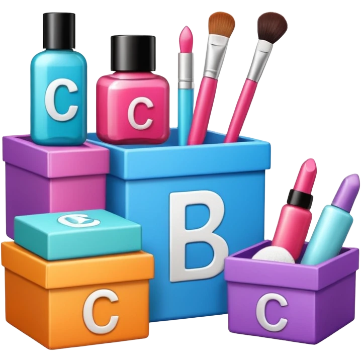 three boxes with "A", "B", "C" labels, inside those boxes there are some beauty products emoji