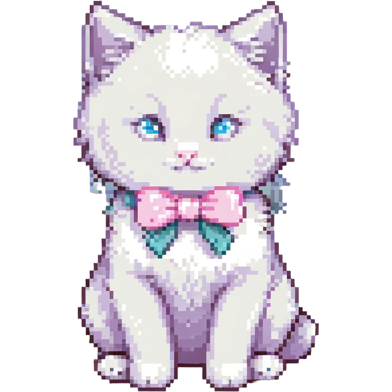 cute fluffy white kitten with a light pink bow, sitting, pixel art style emoji