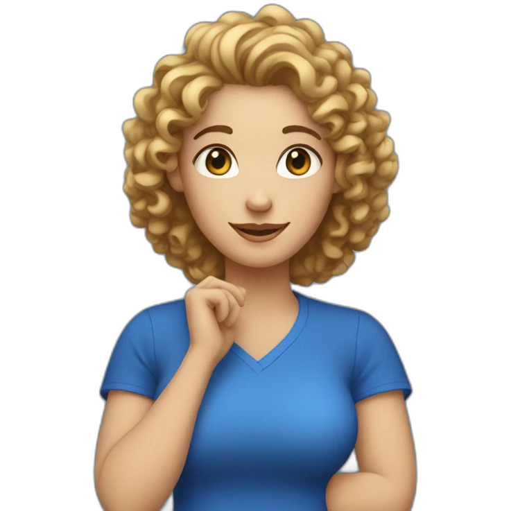 white woman-designer with curly hair, wears blue t-shirt shows heart with her hands emoji