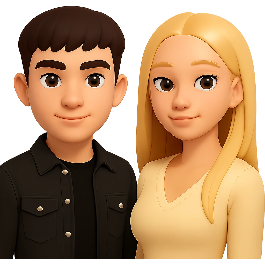 Slightly increase the volume of the upper body of the girl, spread them far apart from each other, make the skin color the same for both characters, keep the cartoon style, no background. emoji