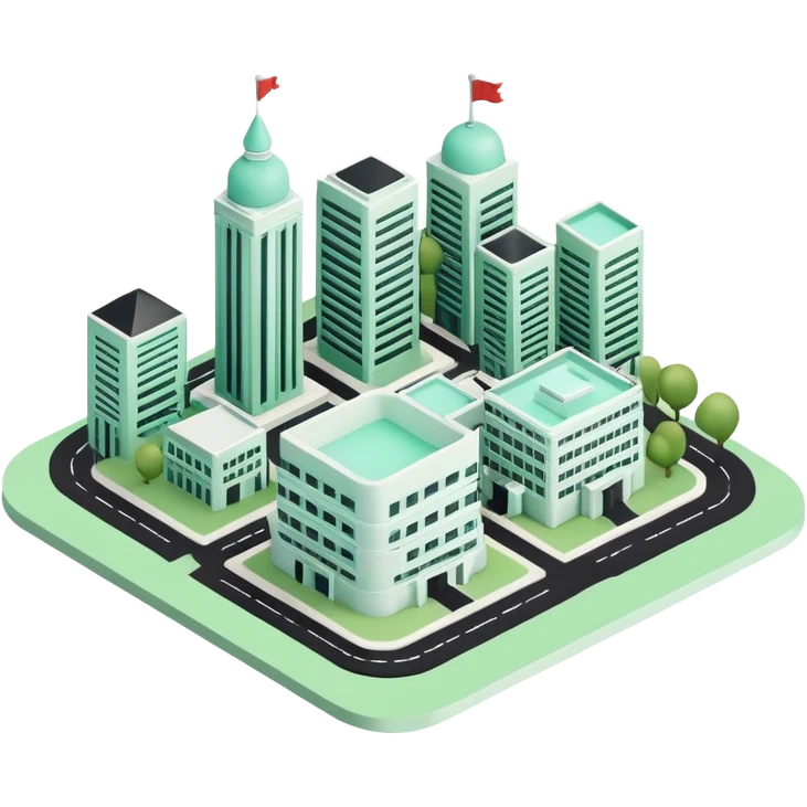 Collectivités Territoriales (Local Authorities), 3D techy icon with black and mint green (#B5F4D3) color scheme, regional map with administrative buildings emoji
