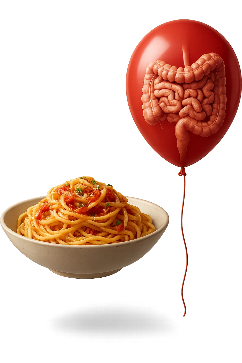 bowl di pasta fluttua in aria insieme ad un palloncino rosso con all'interno un intestino umano anatomico realistico, iperrealistico 4k emoji