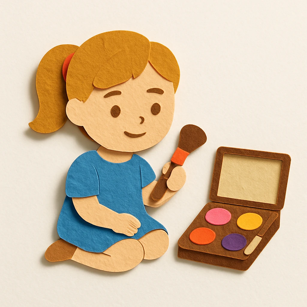 make a whole image with backgorund of a girl and her makeup kit emoji