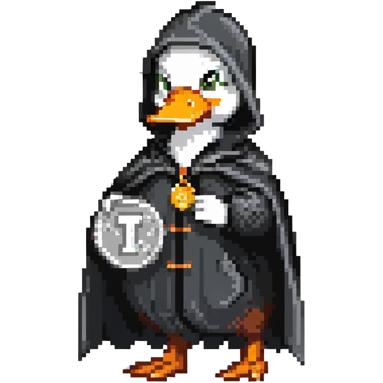A cool duck in a black cloak with a silver coin emoji