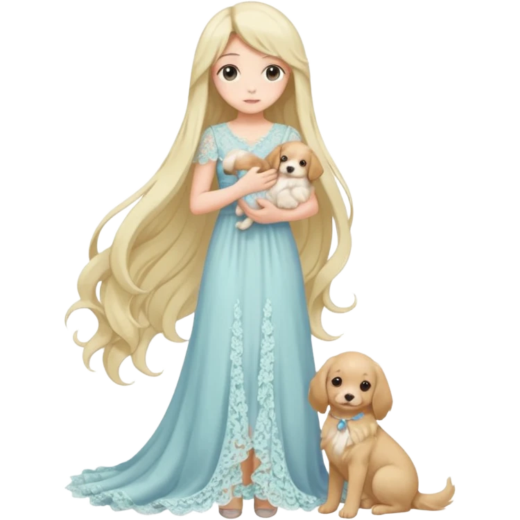 Pastel anime lady long hair with long lace dress full body holding puppy emoji
