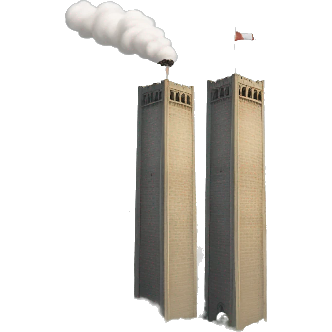 Two towers, rectangular, linked together, smoke in one of them, plane flying by emoji