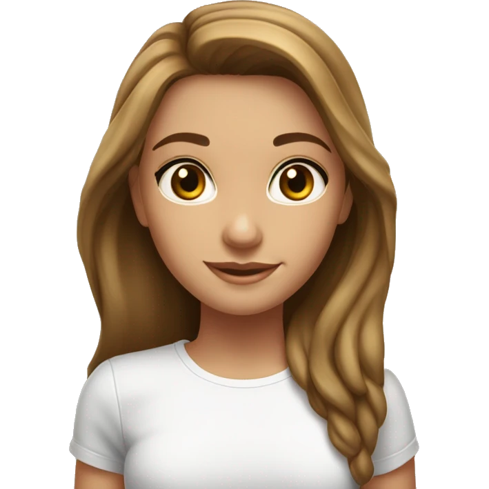 
brunette girl, big hazel eyes, shiny hair, tanned complexion, good health, white t-shirt emoji