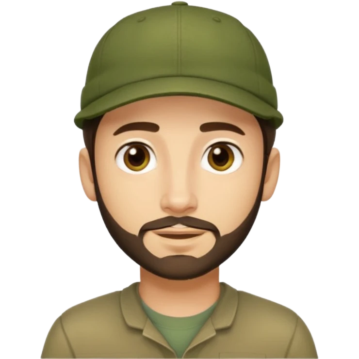 Apple emoji style young man with light skin, short stubble beard, dark eyes, olive green cap, dark brown hair. Clean shapes, soft gradients, friendly expression. emoji