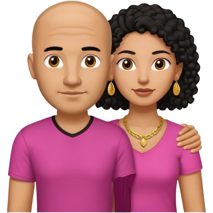 A picture if a couple. the man is a Mexican man with tanned skin, black hair, a bald hair cut, short boxed beard, and with a black t-shirt on. the woman is mixed with black and white, with brown curly long hair, gold earrings, a gold necklace and a pink shirt on and big boobs emoji
