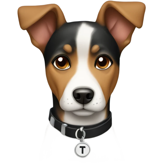 Black white and brown tri colored dog  wearing a T initial collar  emoji