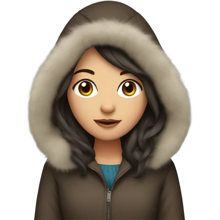 Cold brunette girl in winter coat with fur hood emoji