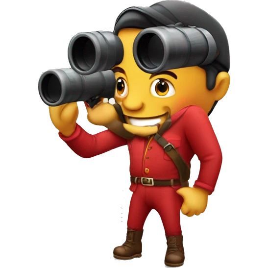 hombre de polo rojo con binocular agarrandolo con las manos emoji