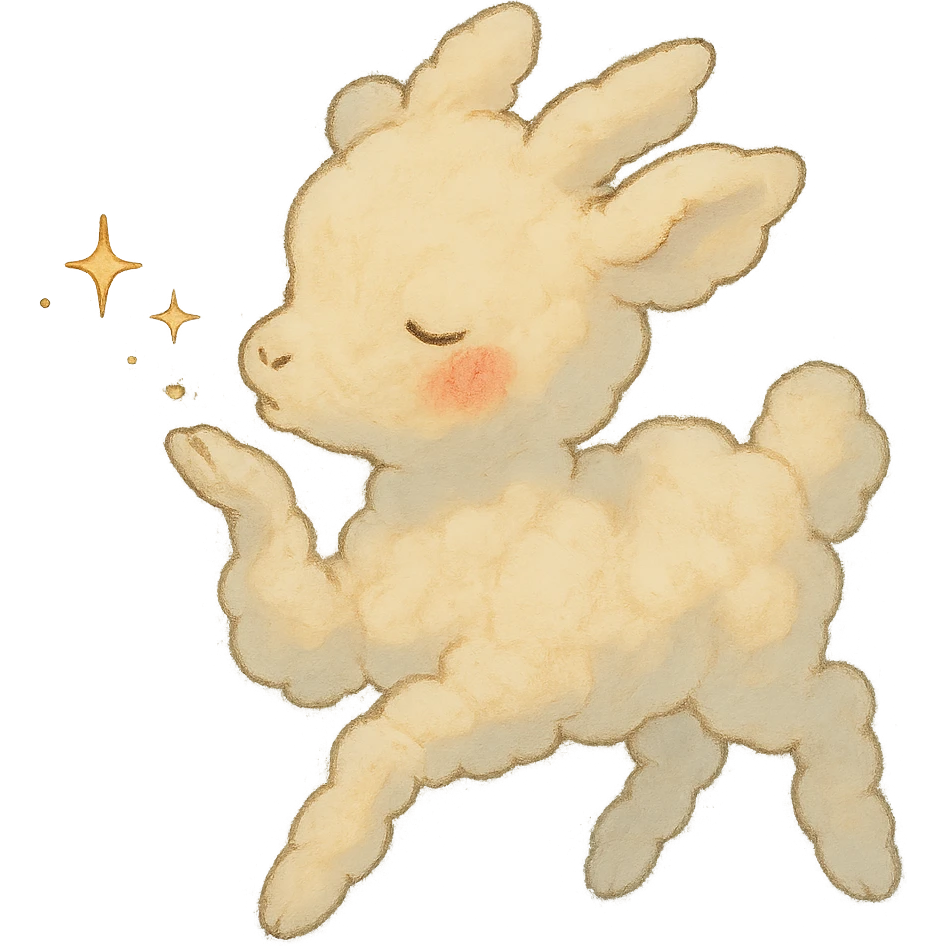 vanilla-colored cloud doe with rosy cheeks, floating gently while blowing a kiss with sparkles, soft ghibli style emoji