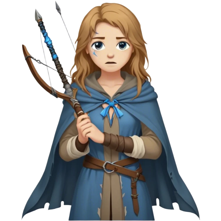 A young human woman with long, unkempt golden-brown hair, piercing blue-gray eyes filled with quiet determination. Dressed in a worn tunic and a tattered cloak, her calloused hands grip a bow, a hunter surviving against the odds. emoji