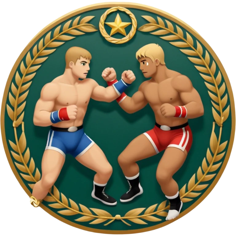 An icon symbolizing wrestling combat sports in the style of an emblem. The design features two wrestlers locked in a powerful grapple, one attempting to take the other down. Surrounding the scene are stylized elements like a championship belt, wrestling mat, and a laurel wreath. emoji