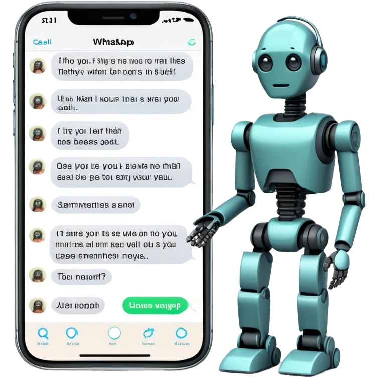 iPhone with WhatsApp chat screen showing a conversation with a robot or AI chatbot emoji