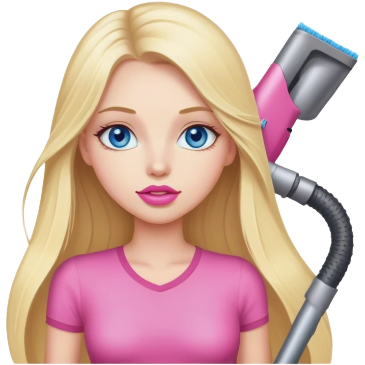 Cinematic realistic blonde with long hair, blue eyes and pink lips vacuums emoji