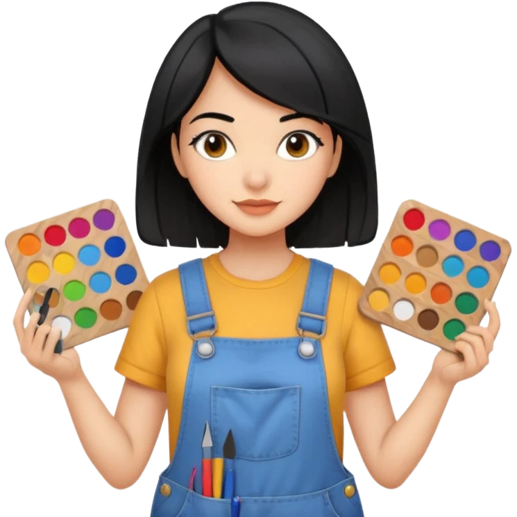 Créame emoji de una mujer que sea diseñadora industrial, pelo negra, piel morena, femenina con overol y una paleta de colores o herramientas de taller  emoji