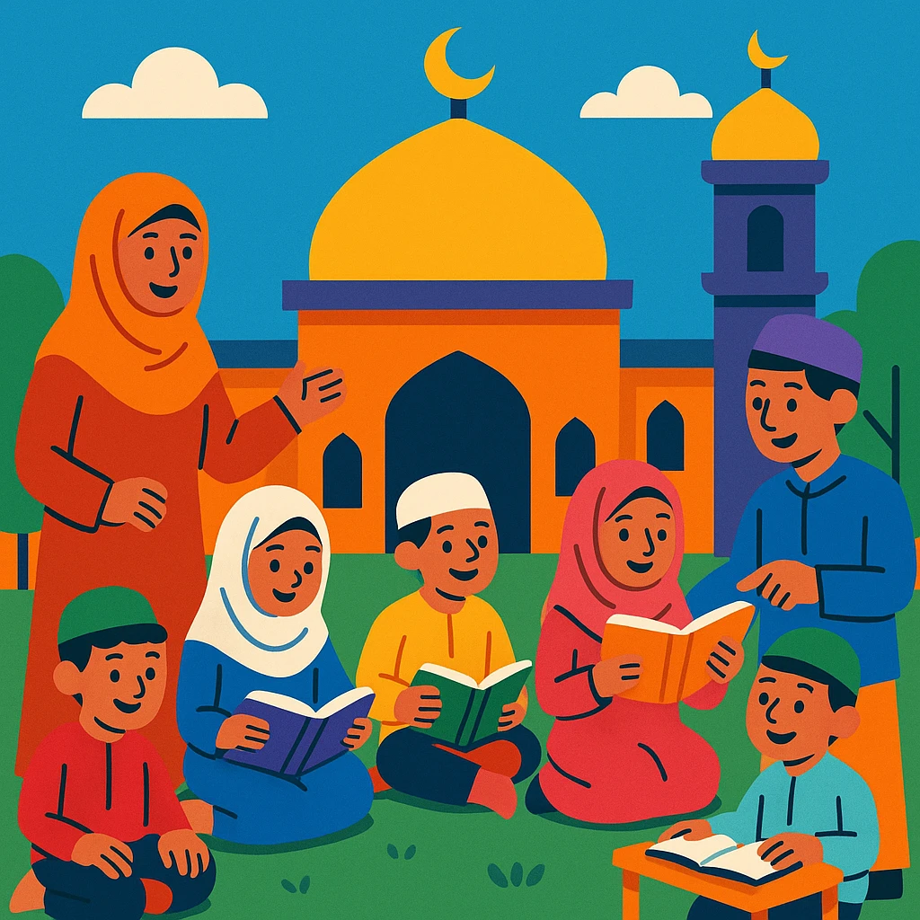 vibrant and colorful illustration of an Islamic school with children and teachers emoji