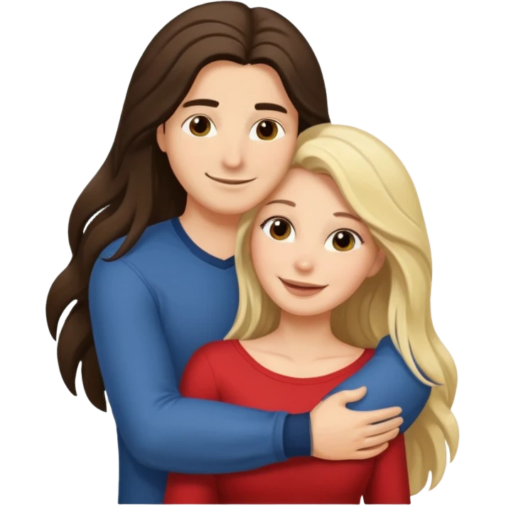 A happy boyfriend and girlfriend hug. She is brunette sexy with long hair. He is blonde emoji