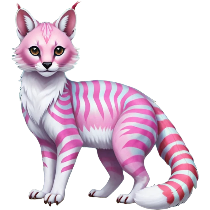 Colorful tropical tribal pale light fruity pastel white glorious iridescent divine exotic cute albino neon vibrant zigzagged cool beautiful fantasy-caracal-civet-genet-sergal-vernid-Gryphon-Cacomistle-Trico-oncilla-animal-Fakémon-hybrid-fursona (full body), facial markings,  emoji