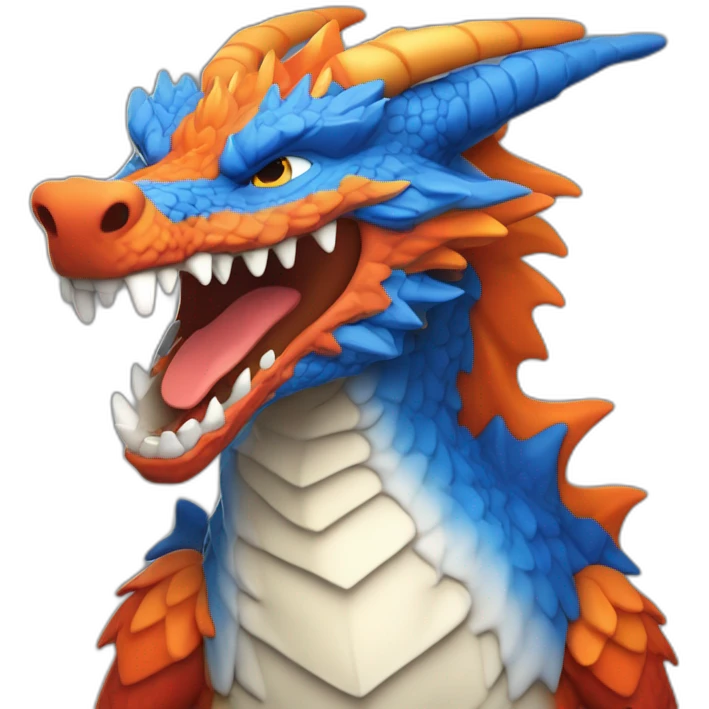 Un dragon mi loup de couleur rouge, bleu, blanc et orange moutardes avec des corne de bélier orange moutard. Il qui crache du feux emoji