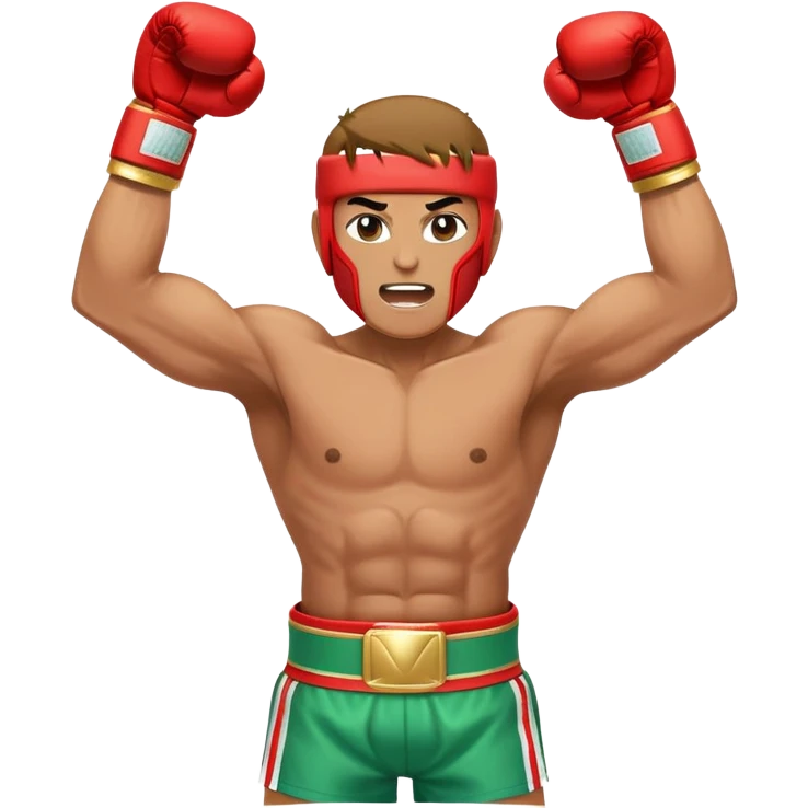 Triumphant boxer with oversized head, arms raised in victory pose. Wearing four colorful championship belts (red, green, two gold) around waist. Determined facial expression. White hand wraps. Muscular simplified body. emoji