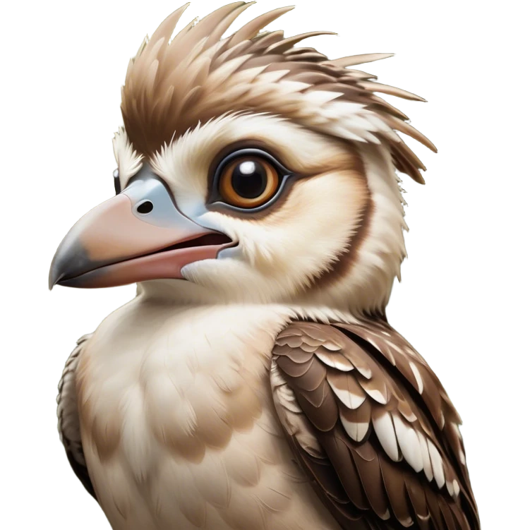 Cinematic Comical Kookaburra Portrait Emoji, Head tilted dramatically with an exaggeratedly amused expression, featuring a strikingly patterned brown and cream plumage with wide, expressive eyes filled with playful disbelief, Simplified yet hilariously expressive features, highly detailed, glowing with a slightly sassy glow, high shine, dramatic yet playful, stylized with an air of cheeky bushland mischief, bright and endearing, soft glowing outline, capturing the essence of a spirited and over‐the‐top kookaburra, so meme‐worthy it feels like it could cackle its way into internet fame instantly! emoji