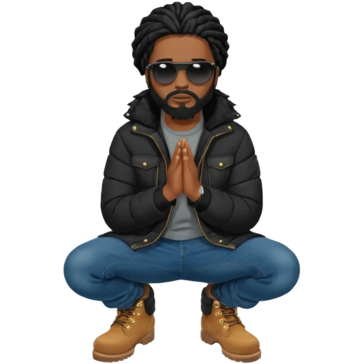 African American man with shoulder length black dreadlocks with black beard wearing black sunglasses wearing a black bubble winter coat wearing denim skinny jeans and timberland boots kneeling in prayer emoji