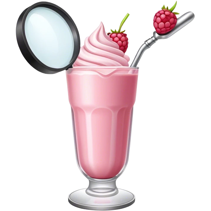 A raspberry milkshake holds a magnifier emoji
