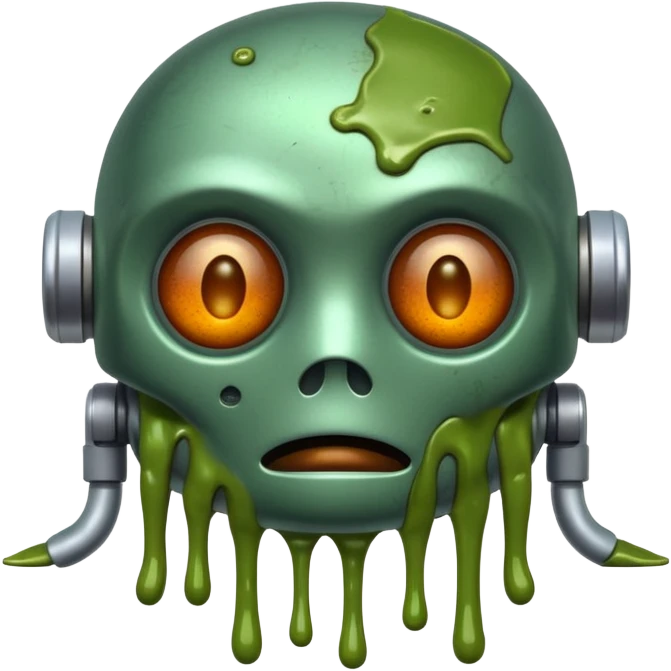 make a tired old melting robot emoji, covered in green sludge, 2d, make the eyes melting emoji