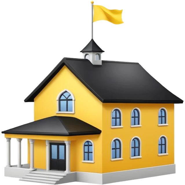 simple magic school, white background, magic school, black roof, with a big flag, big flag on a roof, big yellow flag, white school emoji