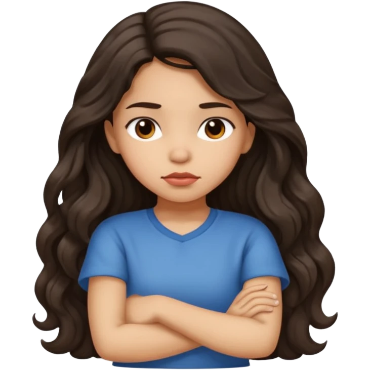 Hispanic girl with long dark wavy hair crossing her arms and slightly pouting emoji