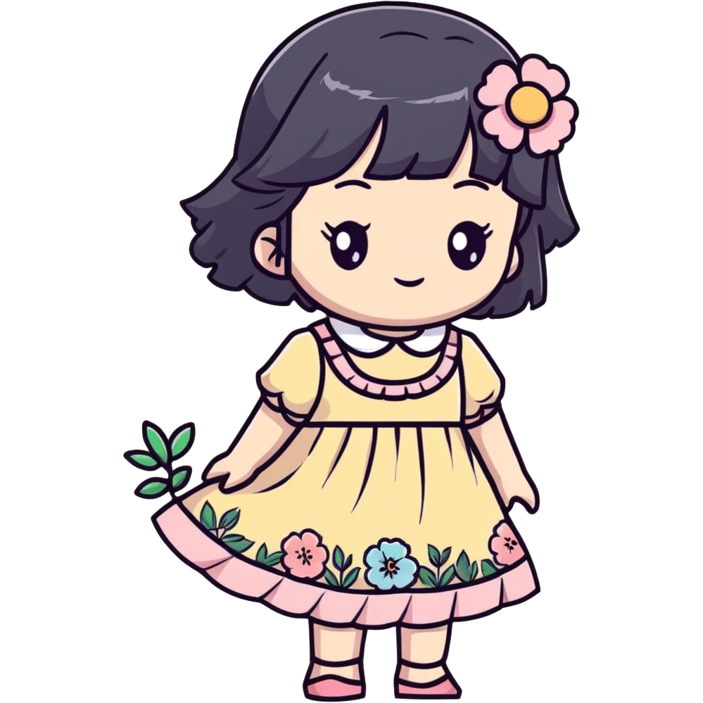 Adorable anime girl with black hair in a beautiful cottagecore dress with pastel colors and floral elements emoji