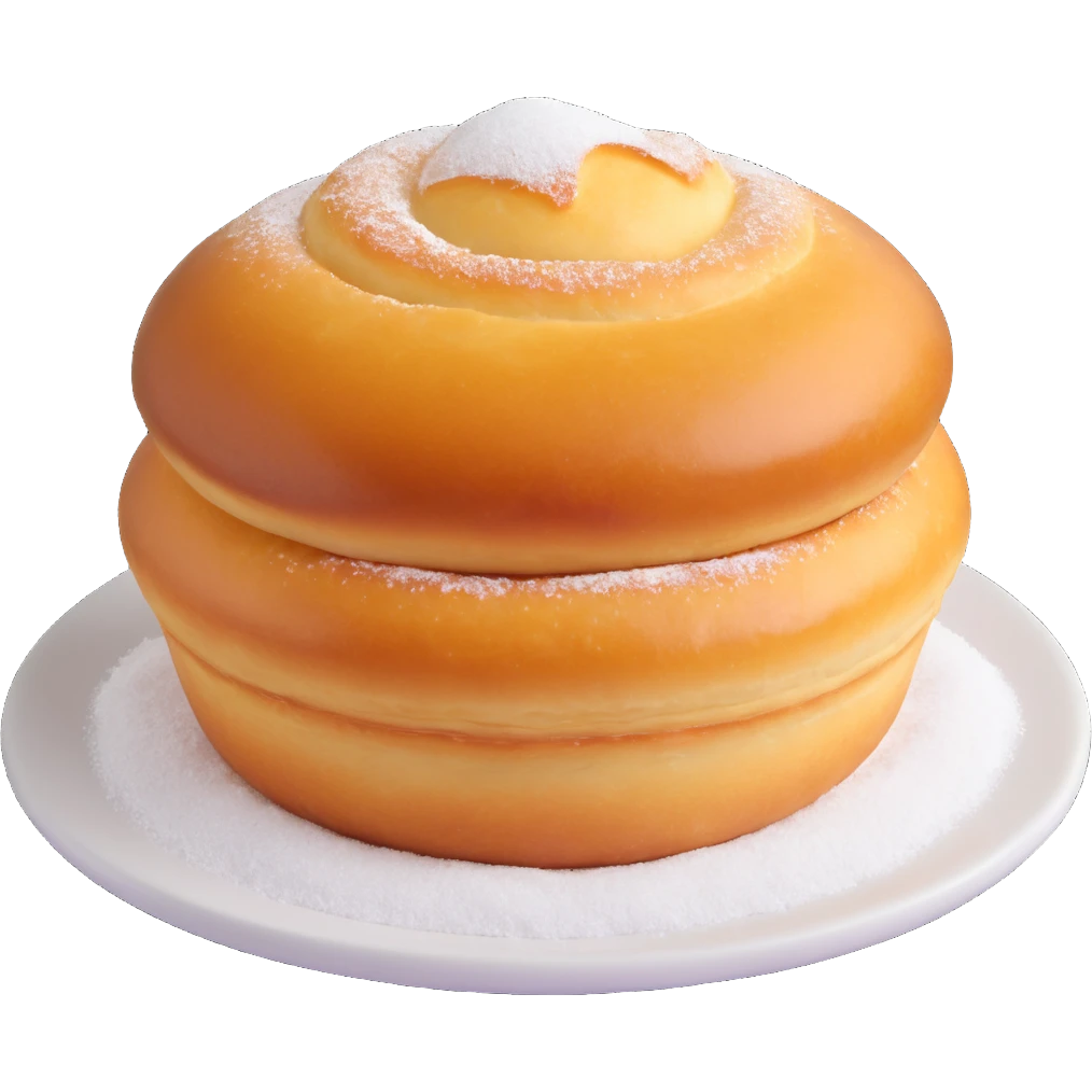 a single Berliner Krapfen pastry, round, golden-brown, no hole, smooth surface, heavily covered with powdered sugar, no jam visible on top, 3D emoji style emoji