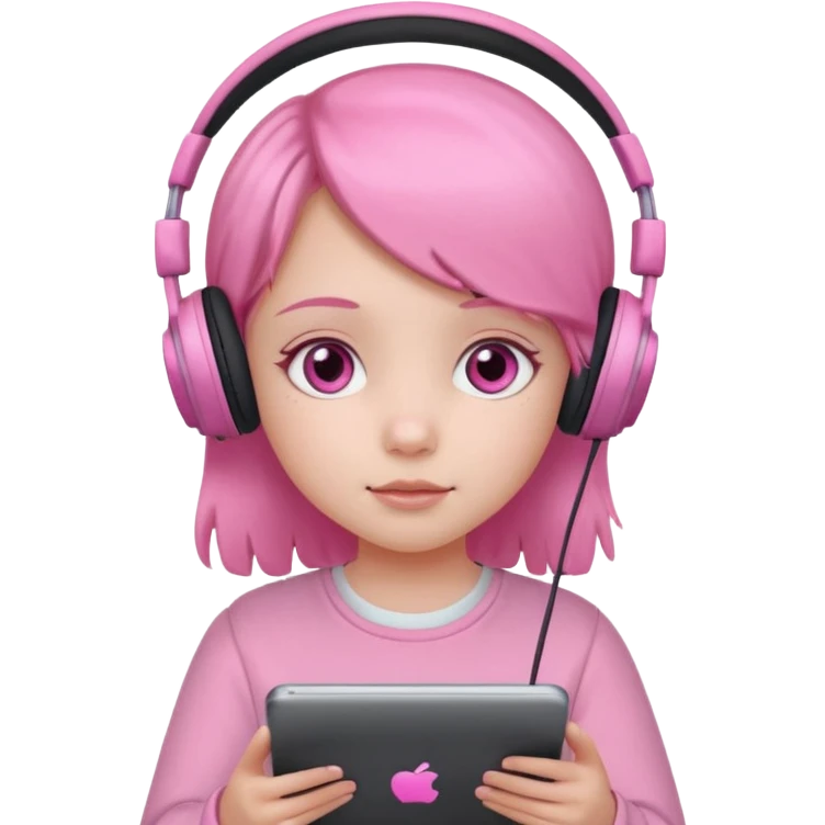 Little girl with headphones when pink eyes and pink iPad and pink dreamy background emoji
