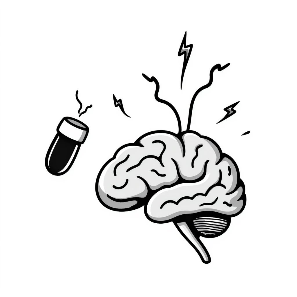 A magical amber capsule floating in front of a brain with fog lifting, showing electrical connections brightening one by one, creating clarity and focus. The brain becomes sharper and more defined. emoji