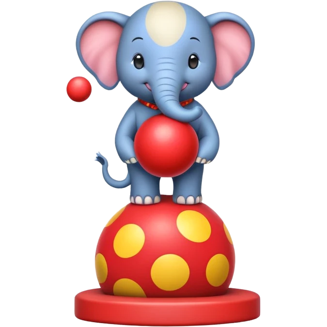 Create a cute emoji of a smiling cartoon elephant balancing a red patterned ball on its trunk while standing on a colorful circus platform. Use a simple, rounded emoji style with clean lines and bright colors. emoji