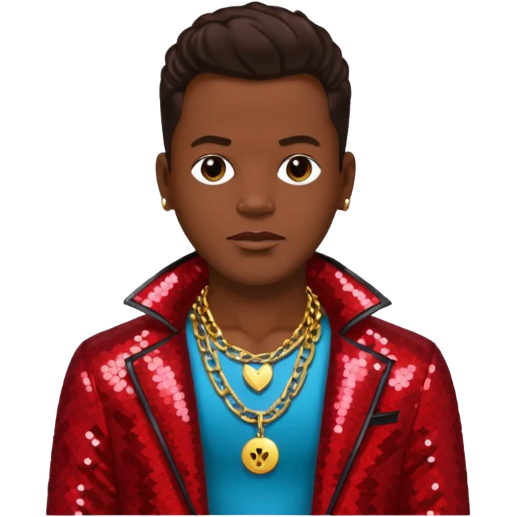 Bobby Brown from New Edition with dark brown hair, red sequin jacket, shirtless with necklace emoji
