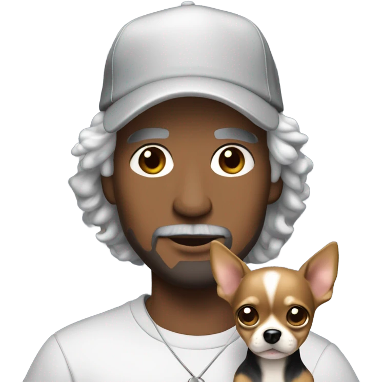 man with blue eyes gray hair and goatee wearing ball cap holding chihuahua with long black hair emoji