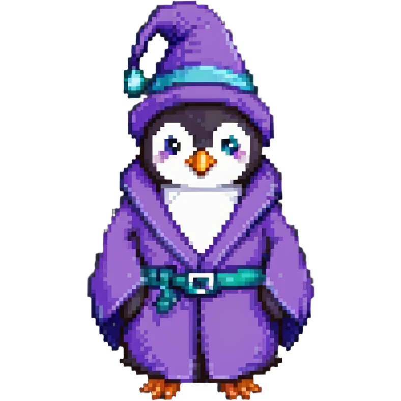 penguin character as a wizard with purple robe and pointy hat emoji