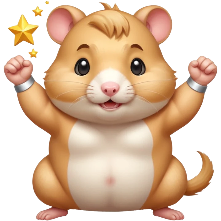 Cute chubby cartoon-style hamster flexing tiny arms like a bodybuilder, sparkles around it, triumphant expression. Painterly shading, white background, sticker-style illustration. emoji