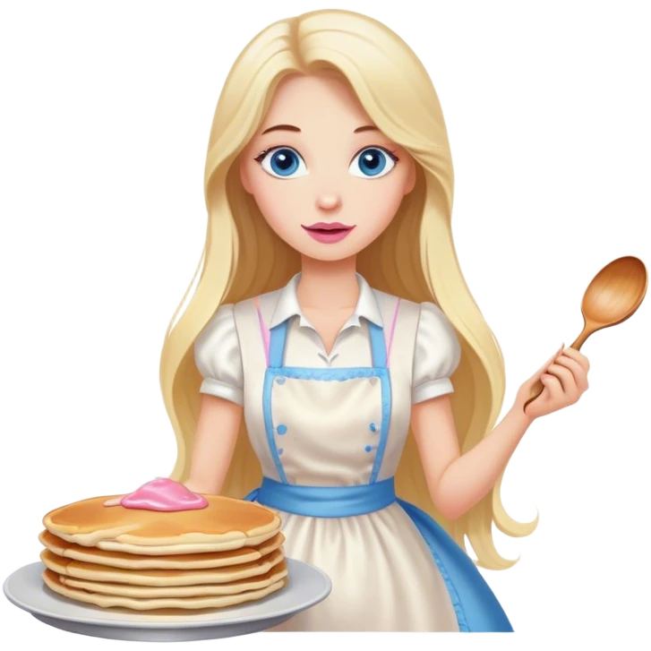 Cinematic realistic beautiful blonde with long hair, blue eyes and pink lips in a white dress cooks pancakes emoji