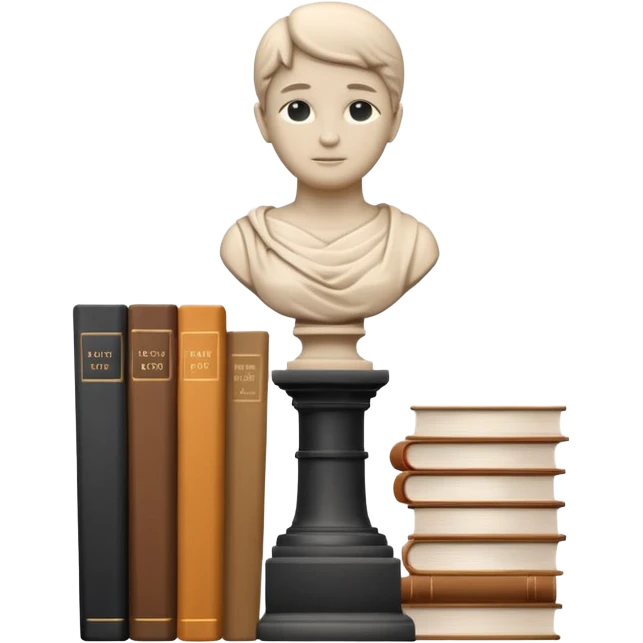 Minimalistic flat vector icon, iOS style, thin black contour on white background. Bust statue on a small pedestal next to a stack of books, symbolizing classic literature. Clean, no text, no shadows emoji