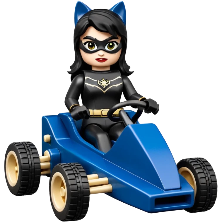 full size real-appearance road Lego racing sexy buxom CatWoman’s feminine midnight-colored tight outfit sixty’s tv show dark stealthy accurate sporty safe plush deluxe off-road pursuit drifting car jaguar (black hair,reclined and relaxed torso and shoulders back seating position) cross kart  emoji