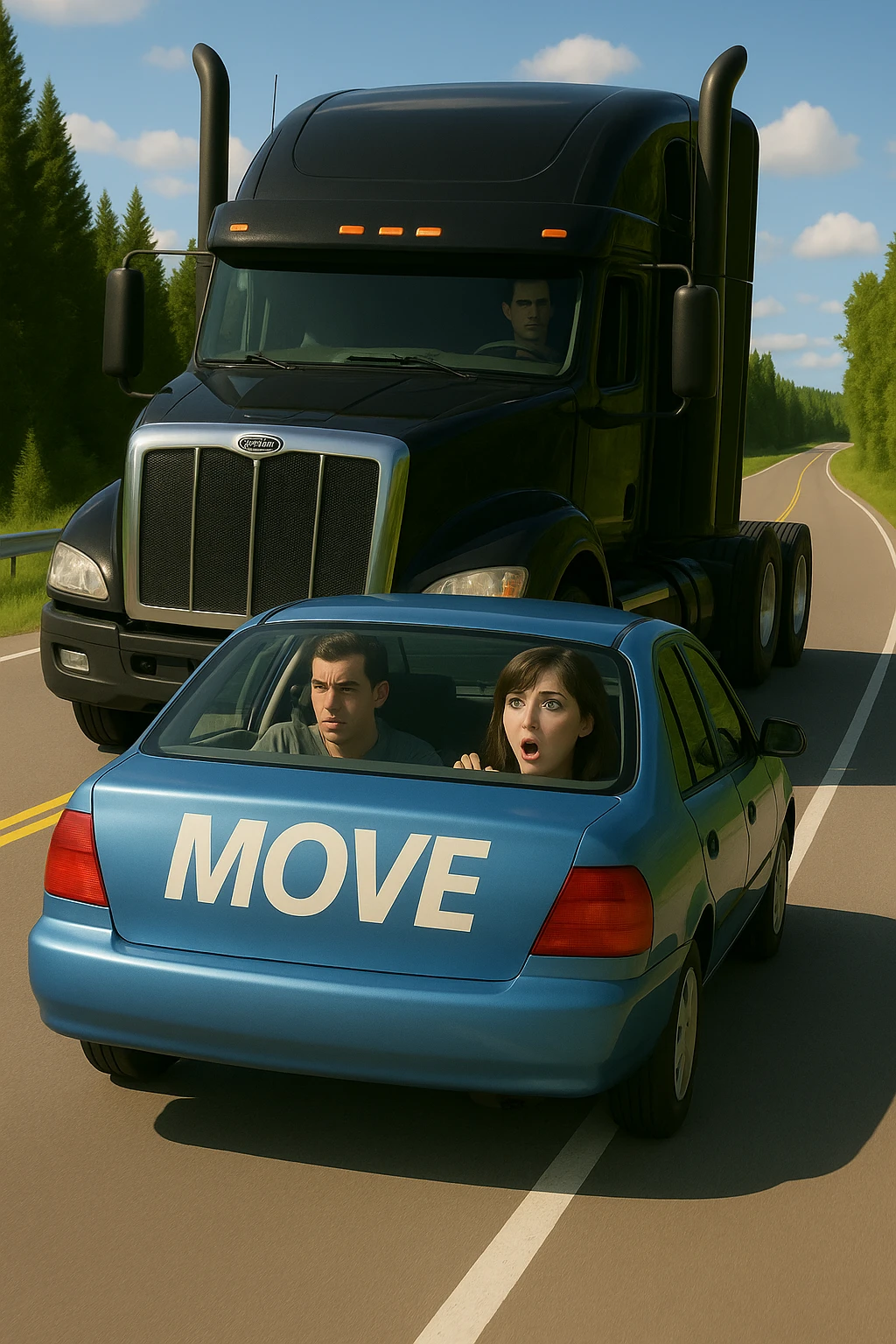 Make the entire scene brighter and more vibrant, keep the black semi truck without a trailer and a person in the car in front. emoji